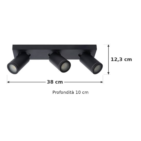 Plafoniera con 3 faretti orientabili per bagno moderna nero led 15w dim to warm 2200k 3000k ip44