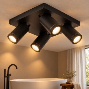 Plafoniera con 4 faretti orientabili per bagno moderna nero led 20w dim to warm 2200k 3000k ip44