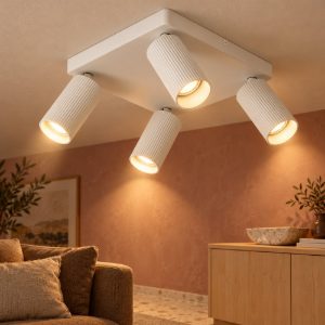 Plafoniera con 4 faretti rigati orientabili moderna quadrata bianco