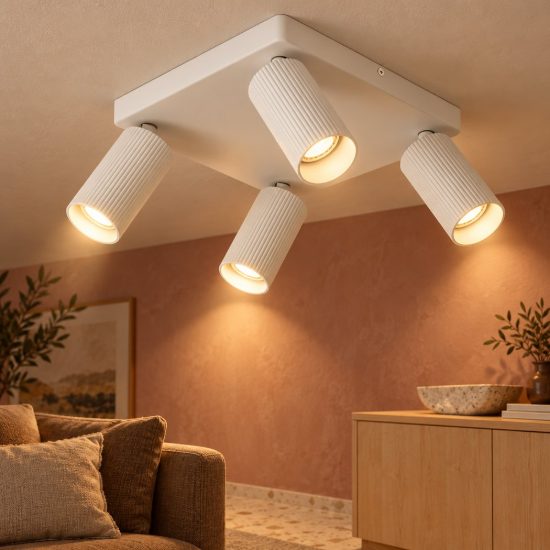 Plafoniera con 4 faretti rigati orientabili moderna quadrata bianco