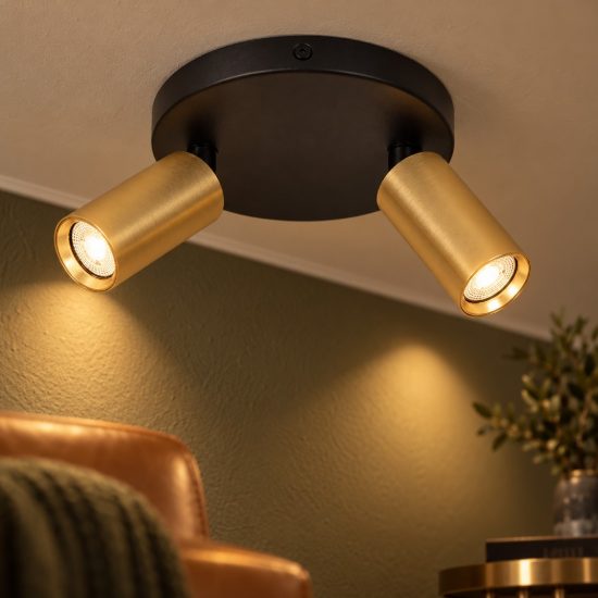 Plafoniera con 2 faretti a tubo sottile orientabili moderna rotonda oro nero