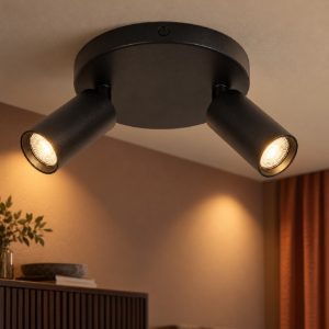 Plafoniera con 2 faretti a tubo sottile orientabili moderna rotonda nero