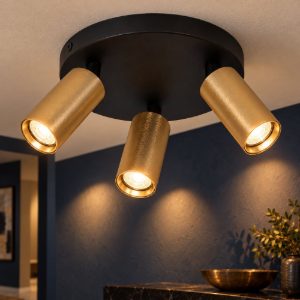 Plafoniera con 3 faretti a tubo sottile orientabili moderna rotonda oro nero