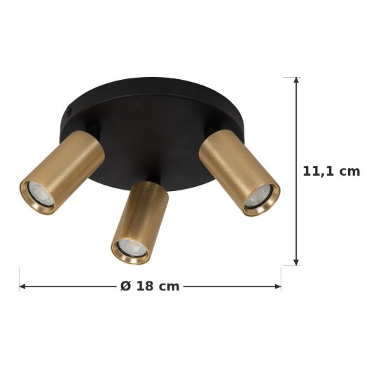 Plafoniera con 3 faretti a tubo sottile orientabili moderna rotonda oro nero