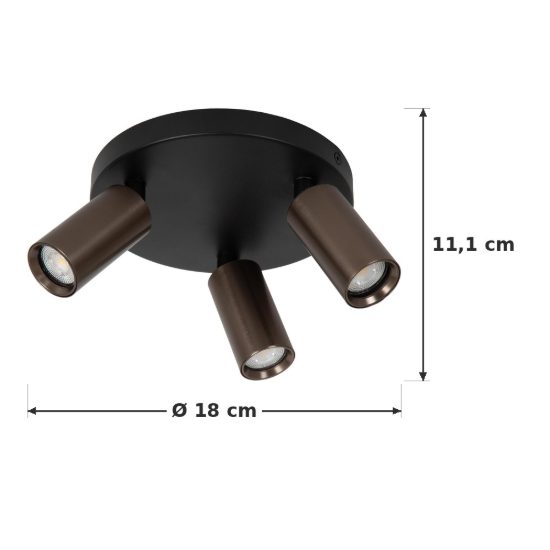Plafoniera con 3 faretti a tubo sottile orientabili moderna rotonda caffe nero