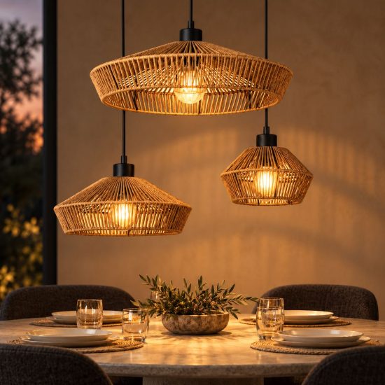 Lampadario a sospensione con 3 pendenti per sala da pranzo moderno naturale nero