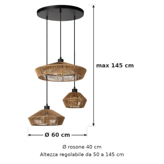 Lampadario a sospensione con 3 pendenti per sala da pranzo moderno naturale nero