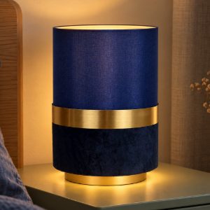 Abat-jour a cilindro per comodino contemporaneo blu oro con fascia in velluto