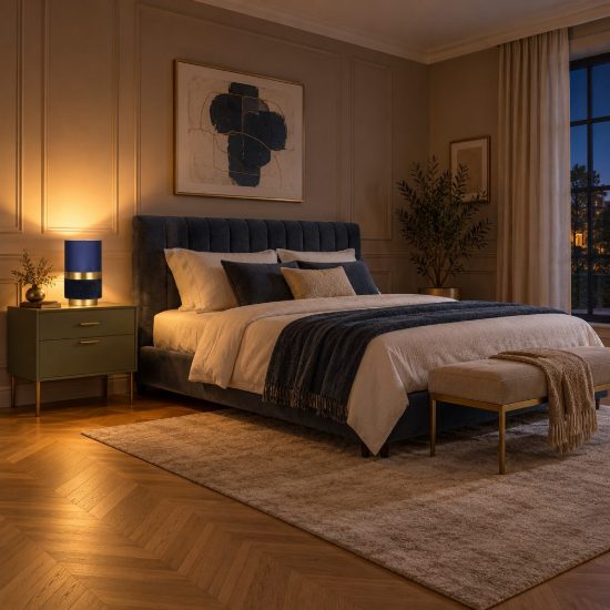 Abat-jour a cilindro per comodino contemporaneo blu oro con fascia in velluto