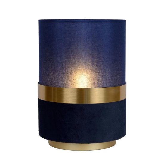 Abat-jour a cilindro per comodino contemporaneo blu oro con fascia in velluto