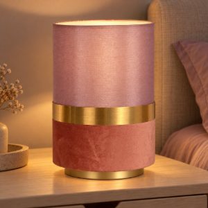 Abat-jour a cilindro per comodino contemporaneo rosa oro con fascia in velluto