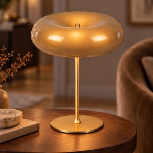 Lampada da tavolo rotonda per salotto contemporanea tortora oro