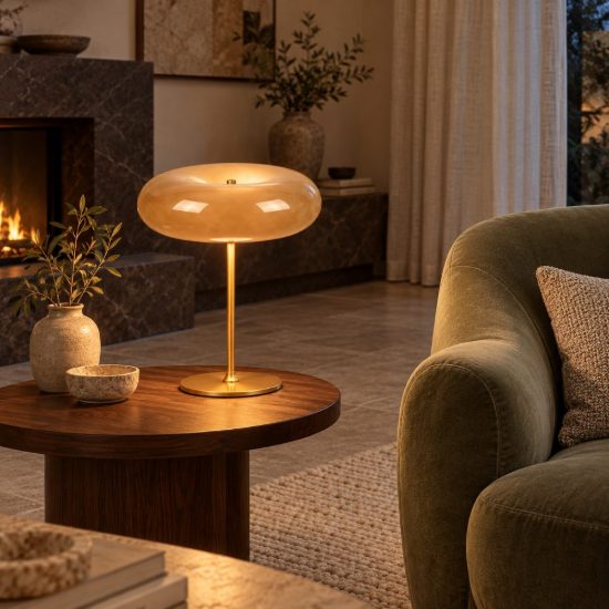 Lampada da tavolo rotonda per salotto contemporanea tortora oro