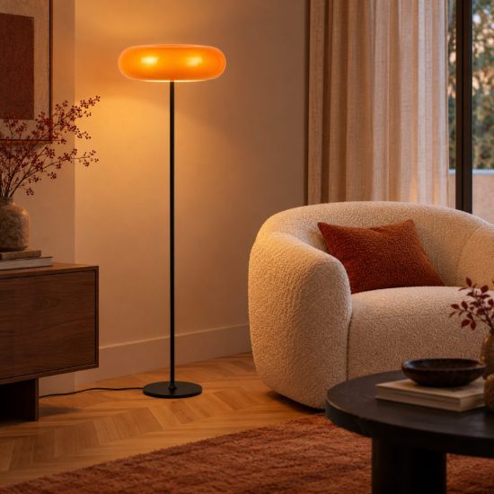 Lampada da terra rotonda per soggiorno moderna arancione nero