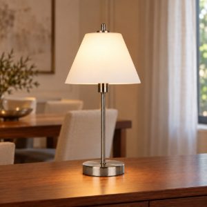 Lampada da tavolo conica per sala da pranzo moderna cromo satinato bianco dimmerabile