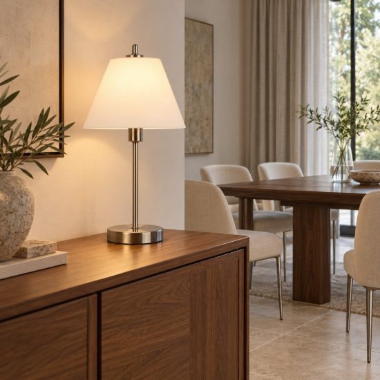 Lampada da tavolo conica per sala da pranzo moderna cromo satinato bianco dimmerabile