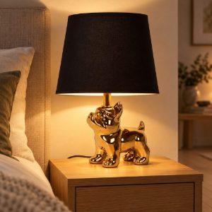 Abat-jour per comodino moderno oro nero con base a forma di bulldog