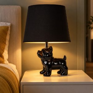 Abat-jour per comodino moderno nero con base a forma di bulldog