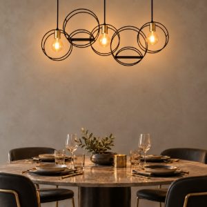Lampadario a sospensione con 3 pendenti ad anelli per soggiorno contemporaneo nero oro
