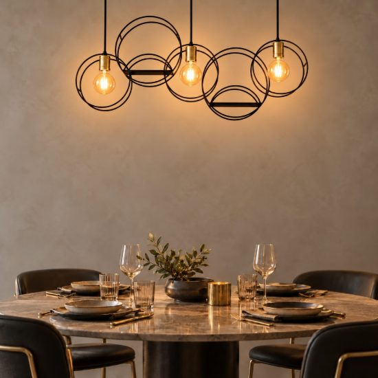 Lampadario a sospensione con 3 pendenti ad anelli per soggiorno contemporaneo nero oro