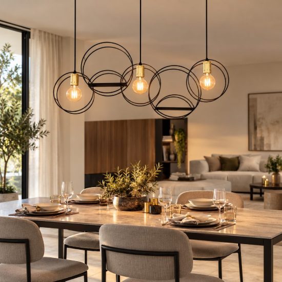 Lampadario a sospensione con 3 pendenti ad anelli per soggiorno contemporaneo nero oro