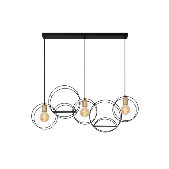Lampadario a sospensione con 3 pendenti ad anelli per soggiorno contemporaneo nero oro