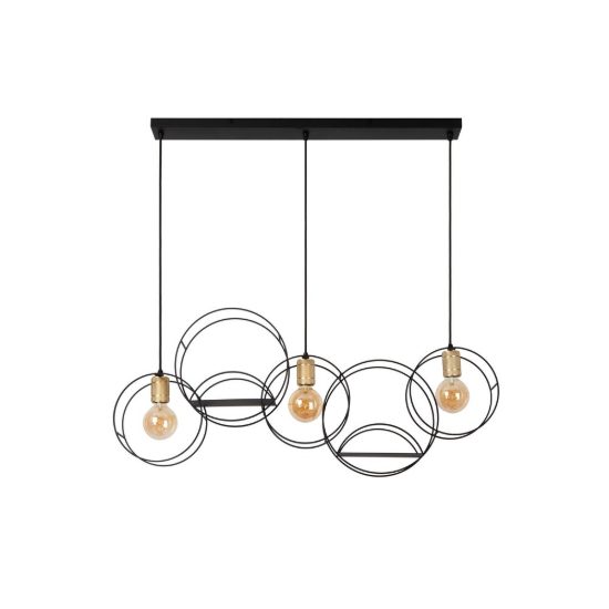 Lampadario a sospensione con 3 pendenti ad anelli per soggiorno contemporaneo nero oro