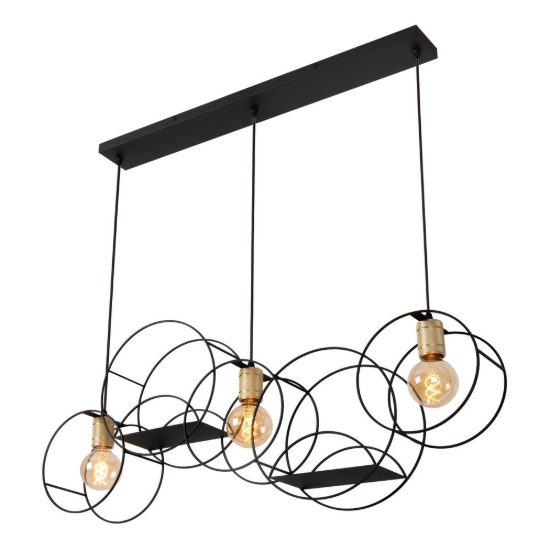 Lampadario a sospensione con 3 pendenti ad anelli per soggiorno contemporaneo nero oro