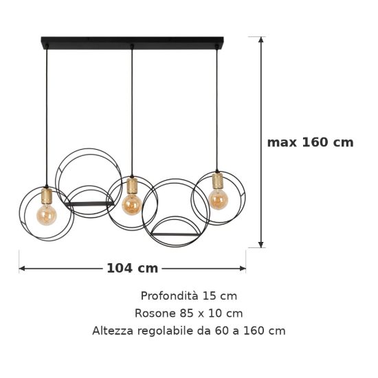 Lampadario a sospensione con 3 pendenti ad anelli per soggiorno contemporaneo nero oro