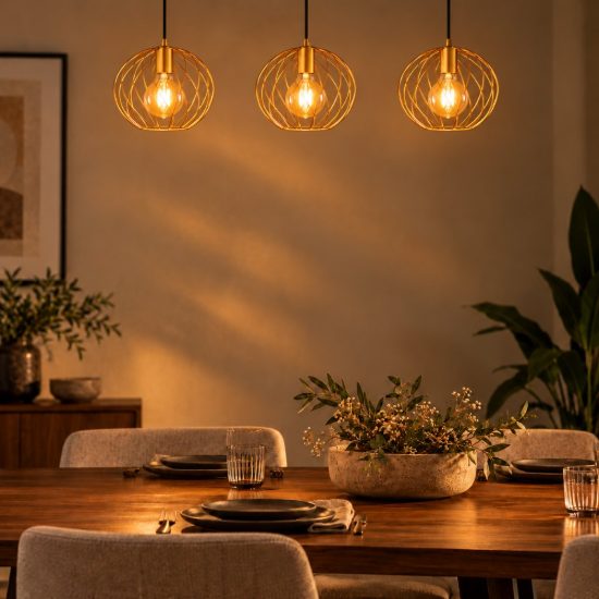 Lampadario a sospensione con 3 pendenti lineare per soggiorno contemporaneo oro nero