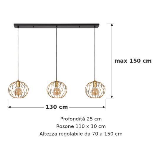 Lampadario a sospensione con 3 pendenti lineare per soggiorno contemporaneo oro nero