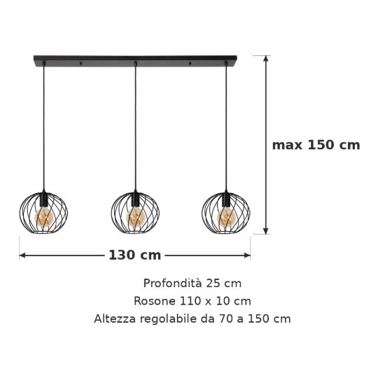Lampadario a sospensione con 3 pendenti lineare per soggiorno moderno nero