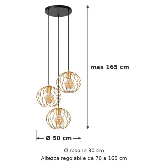 Lampadario a sospensione con 3 pendenti a cascata per soggiorno contemporaneo oro nero