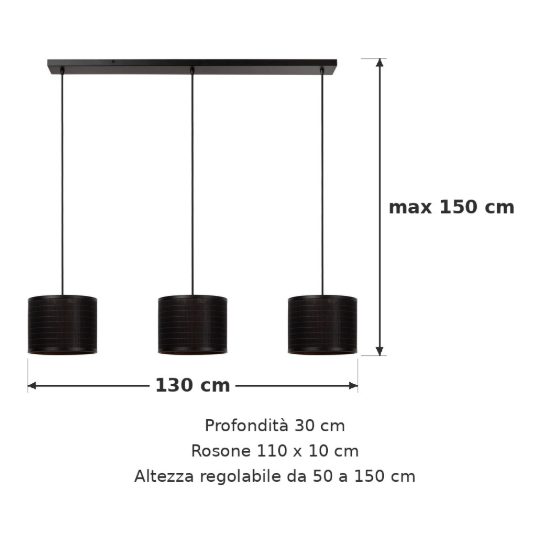 Lampadario a sospensione con 3 pendenti per soggiorno moderno nero naturale