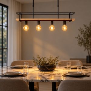 Lampadario a sospensione 4 luci lineare per sala da pranzo moderno nero naturale