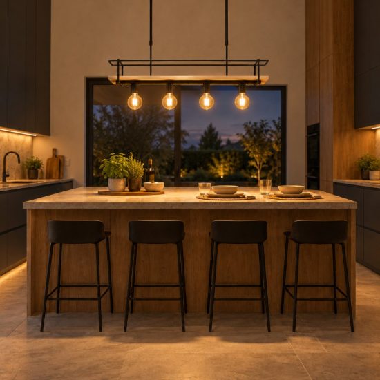 Lampadario a sospensione 4 luci lineare per sala da pranzo moderno nero naturale