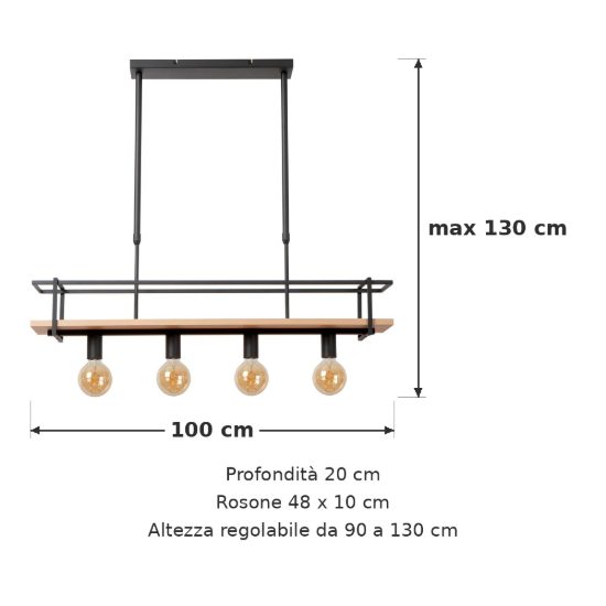 Lampadario a sospensione 4 luci lineare per sala da pranzo moderno nero naturale