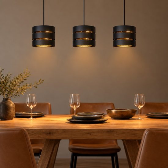 Lampadario a sospensione con 3 pendenti lineare per soggiorno contemporaneo nero oro