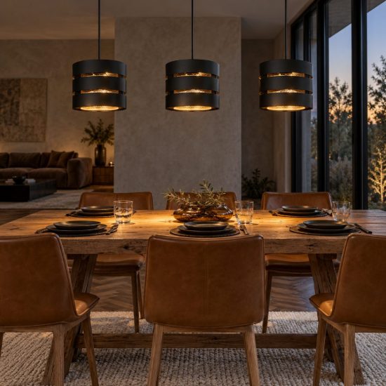 Lampadario a sospensione con 3 pendenti lineare per soggiorno contemporaneo nero oro