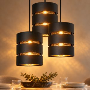 Lampadario a sospensione con 3 pendenti a cascata per soggiorno contemporaneo nero oro