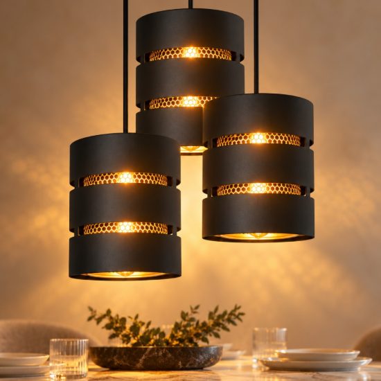 Lampadario a sospensione con 3 pendenti a cascata per soggiorno contemporaneo nero oro