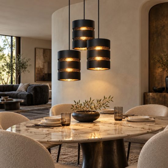 Lampadario a sospensione con 3 pendenti a cascata per soggiorno contemporaneo nero oro