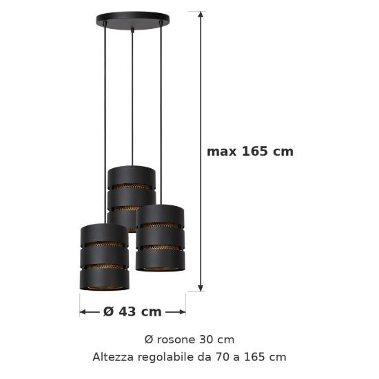 Lampadario a sospensione con 3 pendenti a cascata per soggiorno contemporaneo nero oro