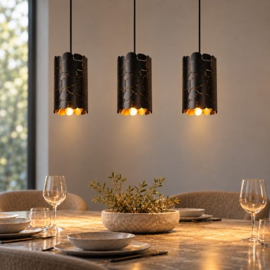 Lampadario a sospensione con 3 pendenti lineare per soggiorno contemporaneo nero oro craquelé