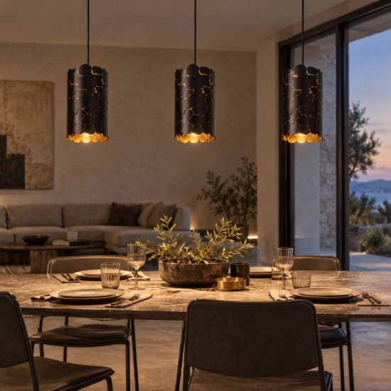 Lampadario a sospensione con 3 pendenti lineare per soggiorno contemporaneo nero oro craquelé