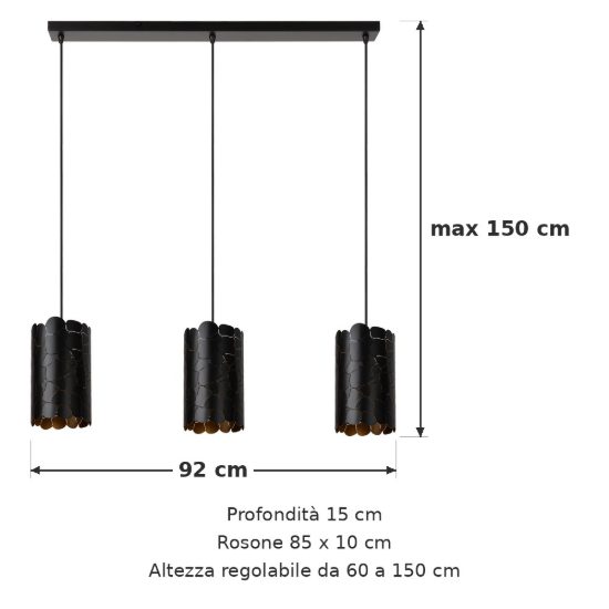 Lampadario a sospensione con 3 pendenti lineare per soggiorno contemporaneo nero oro craquelé