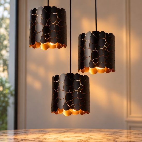 Lampadario a sospensione con 3 pendenti a cascata per soggiorno contemporaneo nero oro craquelé
