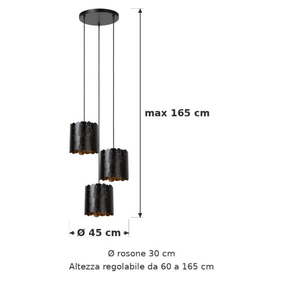 Lampadario a sospensione con 3 pendenti a cascata per soggiorno contemporaneo nero oro craquelé