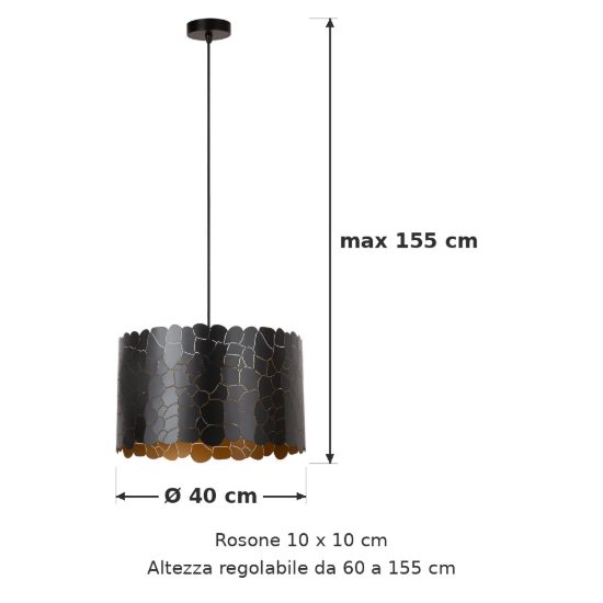 Lampadario a sospensione a cilindro per soggiorno contemporaneo nero oro craquelé