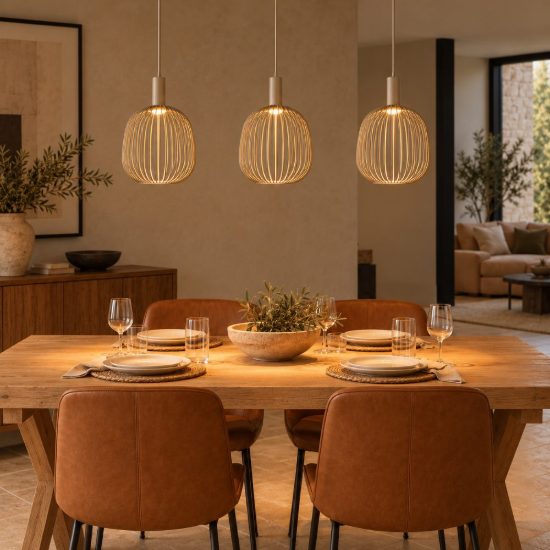 Lampadario a sospensione con 3 pendenti lineare per salotto moderno tortora